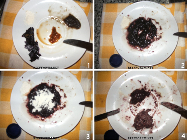Photos correspond with steps 1 through 4 of the sponge paste preparation, moving left to right.