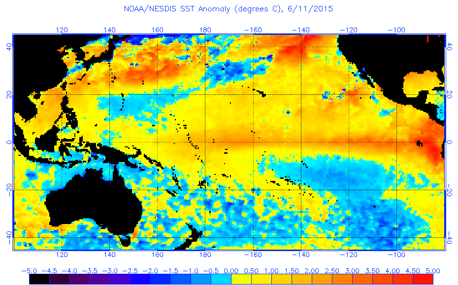 Current sea surface temperature (SST) anomalies, or departures relative to the average for this time of year, as of today, June 11th. Notice the extreme warming in the Eastern Equatorial Pacific.