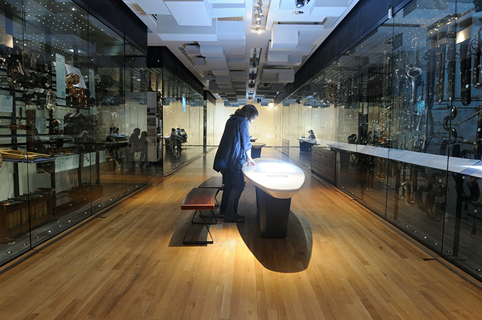 Some of the display cabinets might be considered ‘old school’, but they are matched by cutting-edge galleries elsewhere in the museum, like this interactive display involving the collection of musical instruments. Photo by Richard Aspinall.