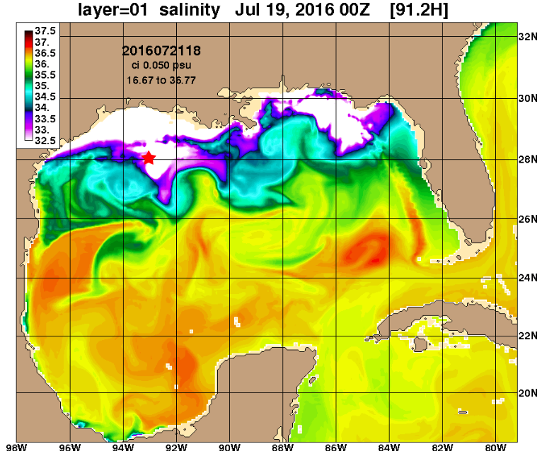 Surface salinity map for the beginning of the FGBNMS mortality event showing arrival of extremely fresh plume of water from the coast. Image Credit: United States Naval Research Laboratory – Stennis Space Center