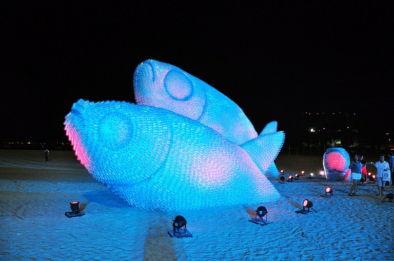 Huge fish statues made from discarded plastic bottles